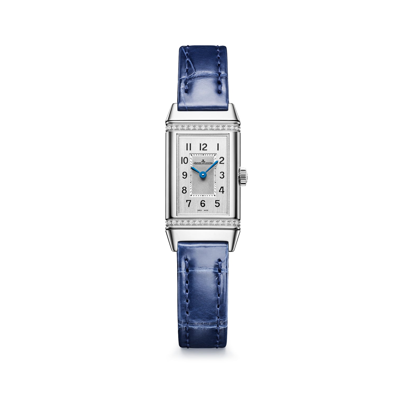 Rectangular stainless steel watch with white dial, Arabic numerals, blue hands, diamond bezel, and blue leather strap.