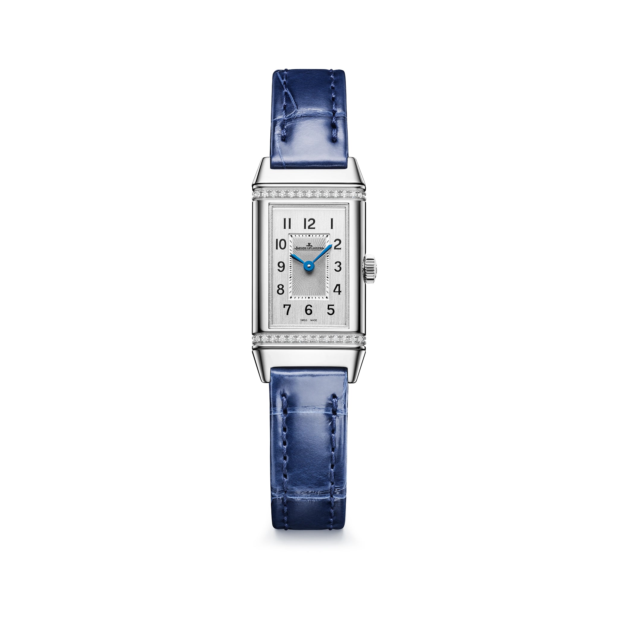 Rectangular stainless steel watch with white dial, Arabic numerals, blue hands, diamond bezel, and blue leather strap.