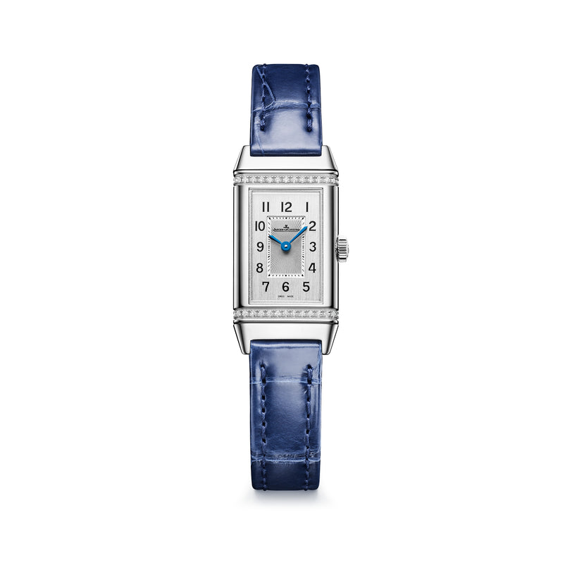 Rectangular stainless steel watch with white dial, Arabic numerals, blue hands, diamond bezel, and blue leather strap.