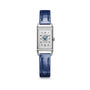 Rectangular stainless steel watch with white dial, Arabic numerals, blue hands, diamond bezel, and blue leather strap.