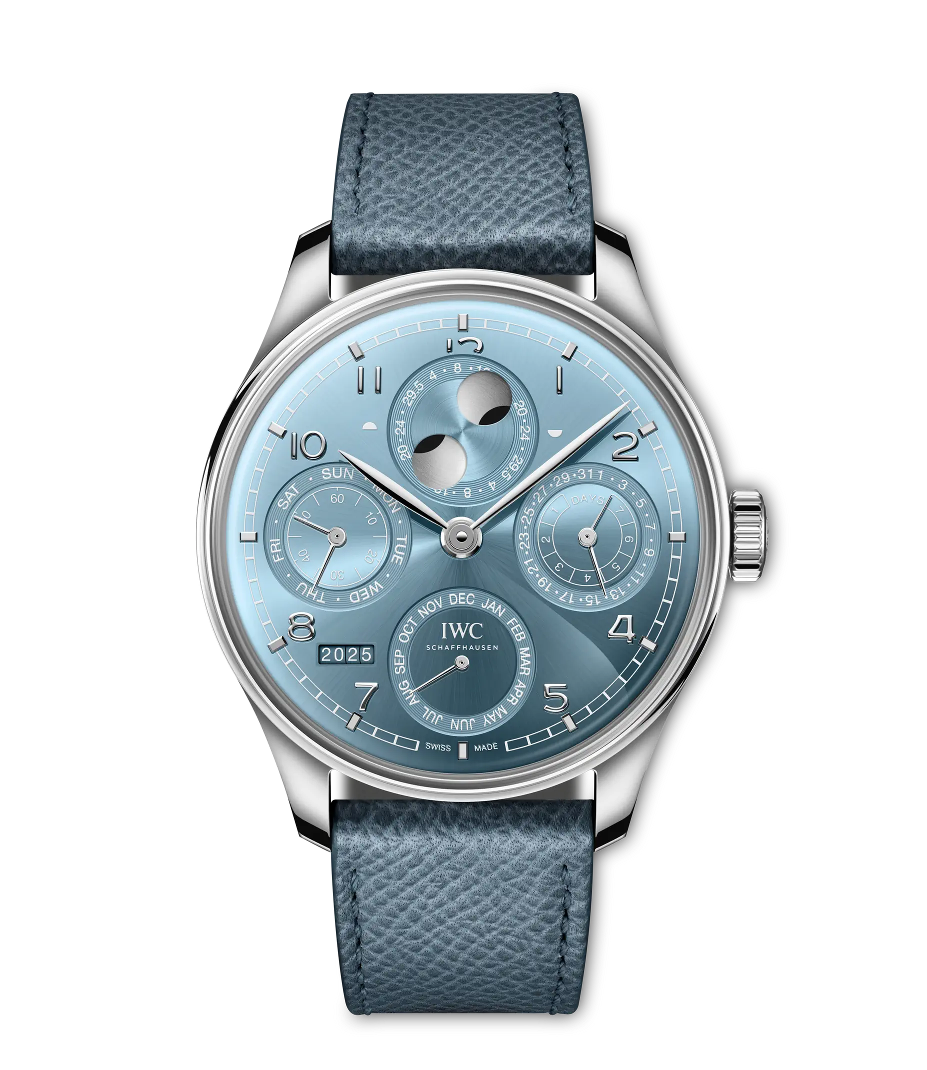 The IWC Schaffhausen Portugieser Perpetual Calendar 44 is a luxury watch with a blue leather strap, blue dial, multiple subdials, date indicators, and moon phase display for sophisticated elegance on your wrist.