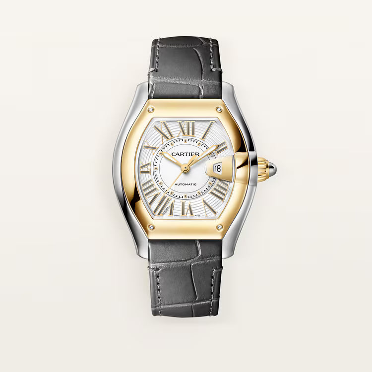 Cartier Roadster watch with two-tone case, silver dial with Roman numerals, date window, and gray leather strap.