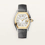 Cartier Roadster watch with two-tone case, silver dial with Roman numerals, date window, and gray leather strap.