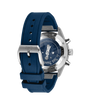 IWC pilot's chronograph with dark blue dial, stainless steel case, and blue rubber strap with metal clasp.