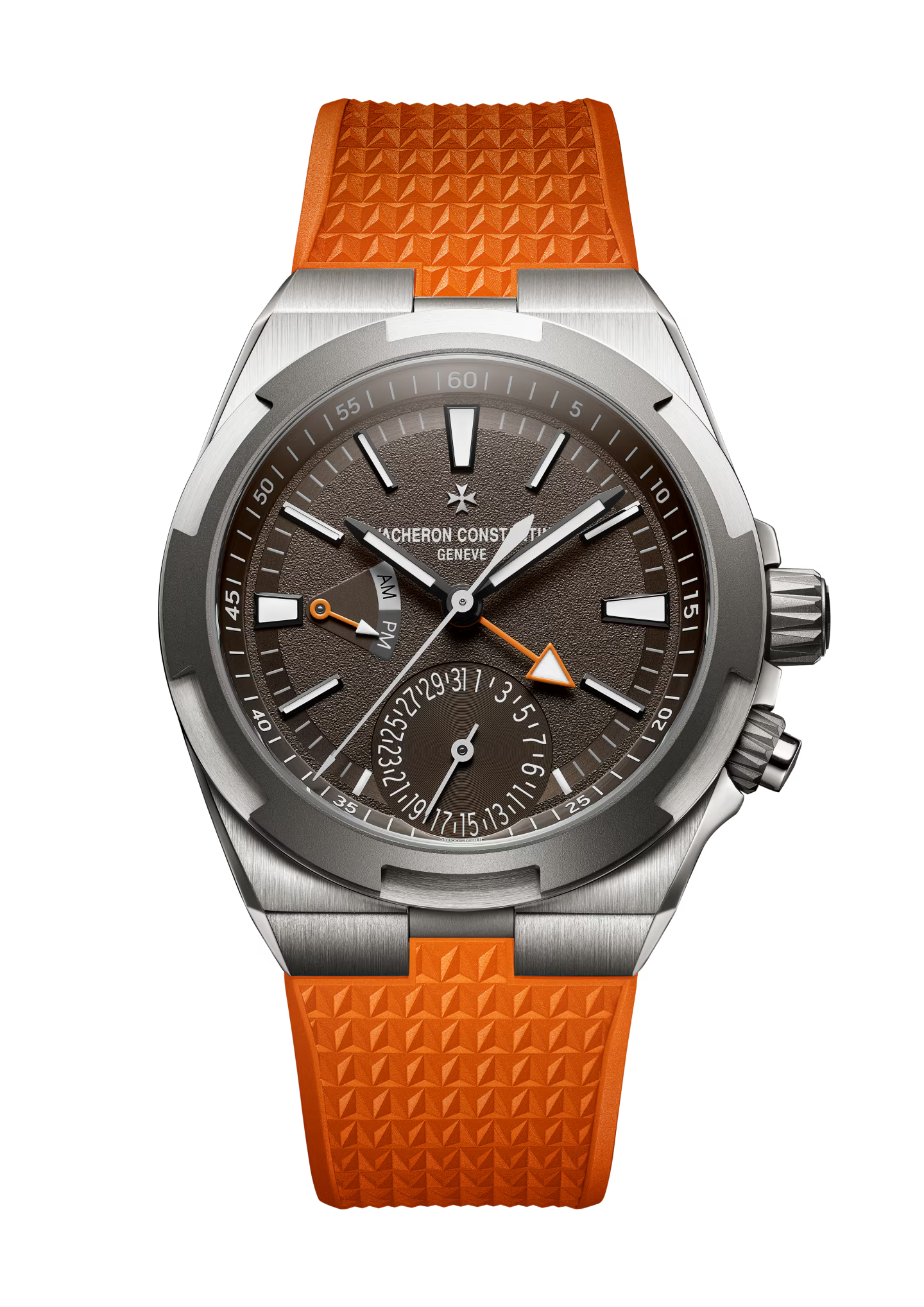 Stainless steel watch with charcoal dial, orange rubber strap, dual time zone display, and orange accent hand.