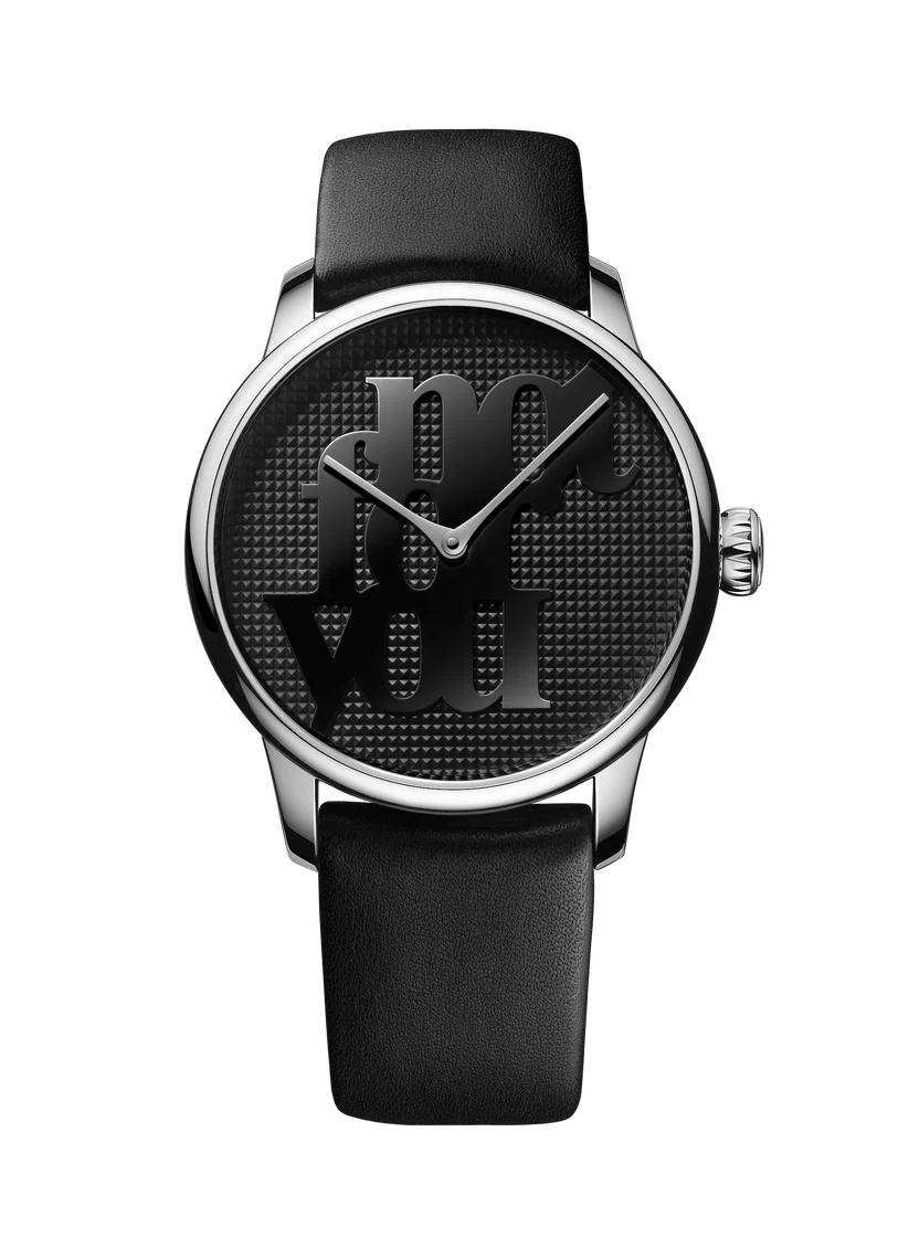 Black watch with a textured face on a white background