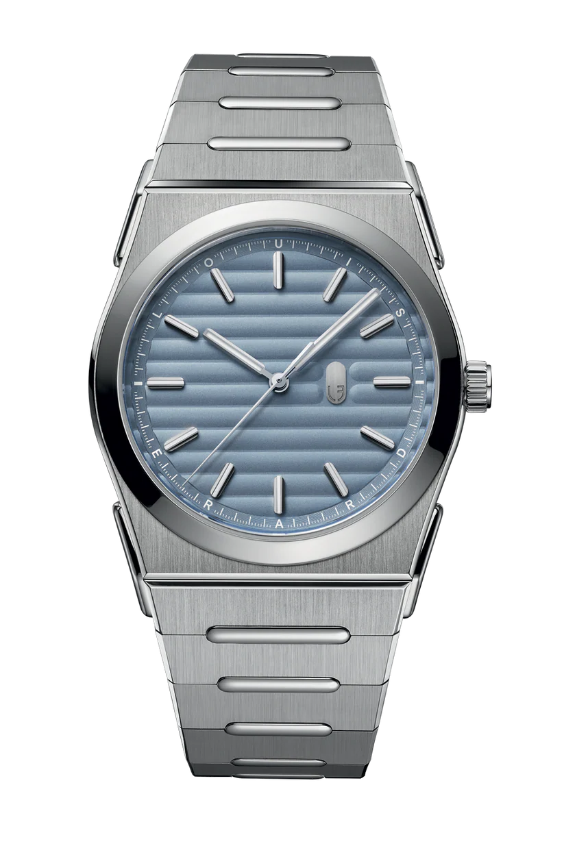 Silver watch with a blue gradient dial on a white background