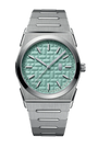 Silver watch with a green textured face on a white background