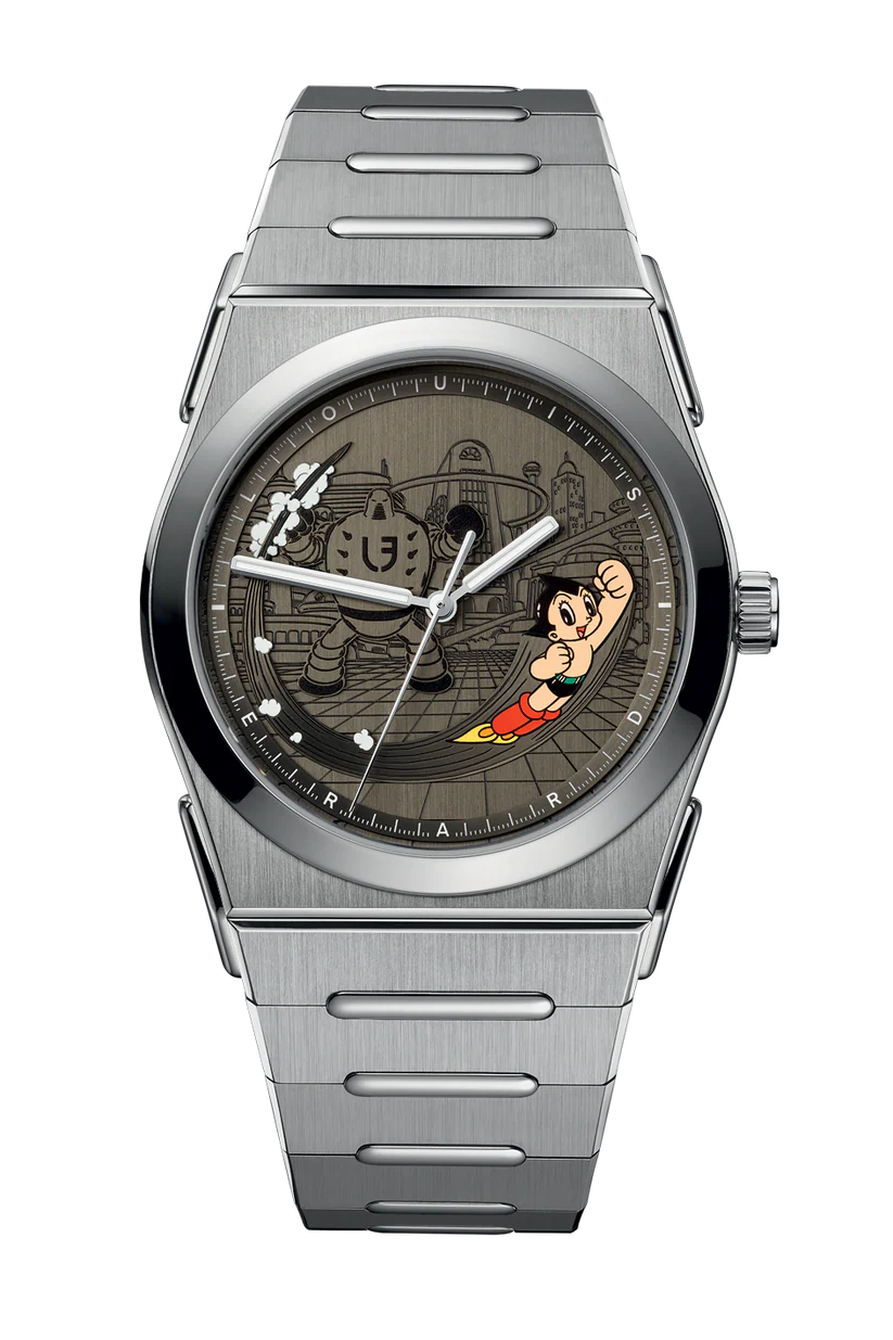 Silver watch with a unique face featuring a cartoon character on a white background