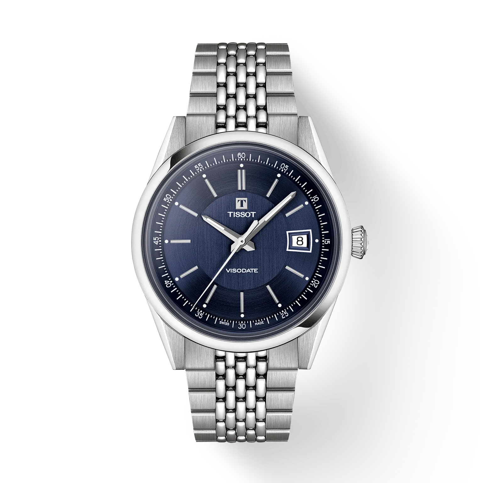 Tissot Visodate stainless steel watch with dark blue dial, date window, and matching metal bracelet.