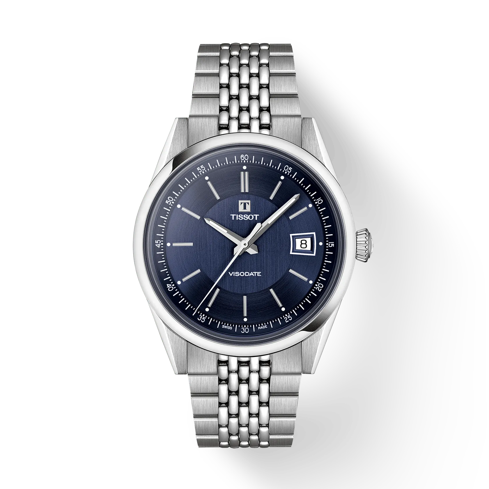 Tissot Visodate stainless steel watch with dark blue dial, date window, and matching metal bracelet.