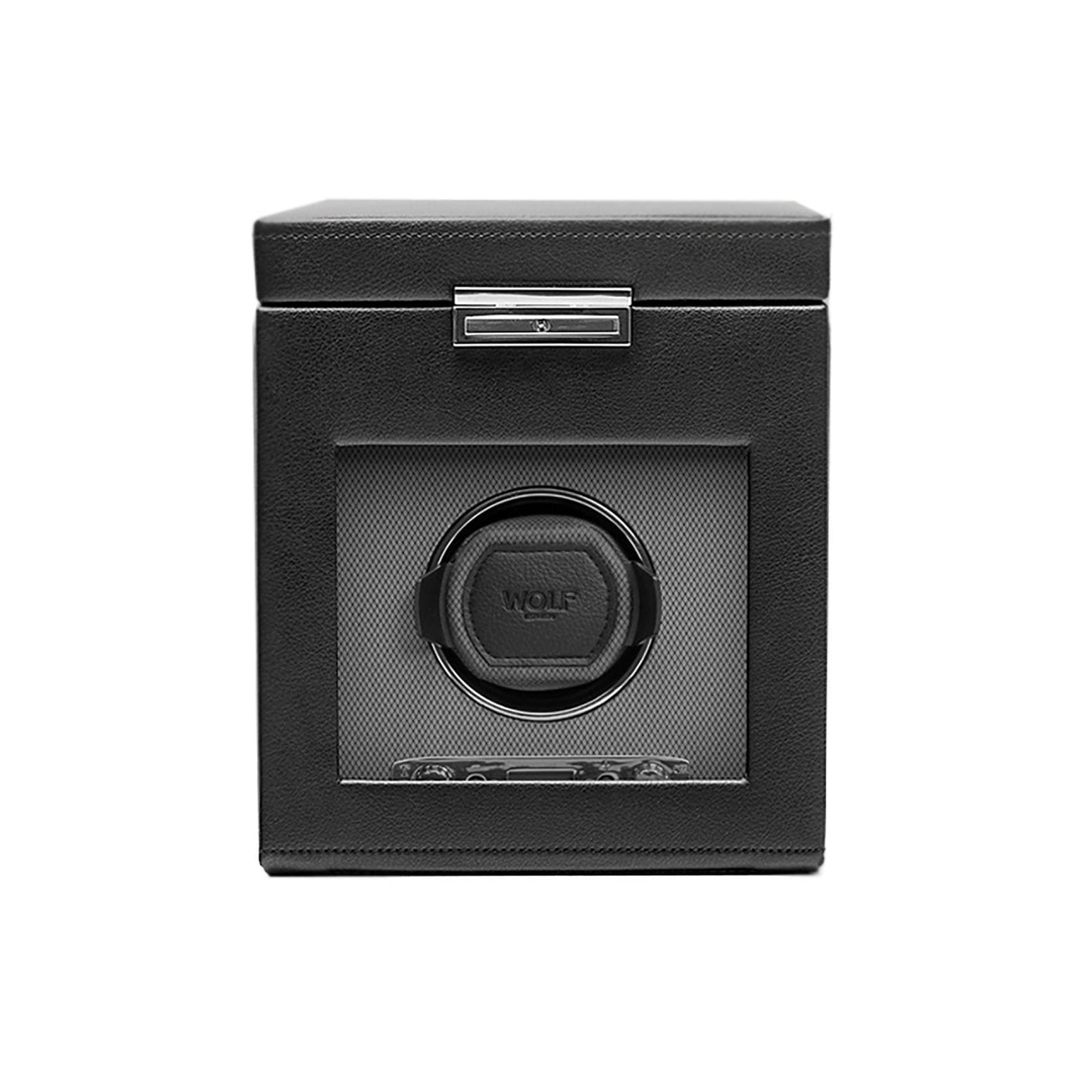 The WOLF Classic Single Watch Winder with Storage features a black square design, transparent front panel, and a silver latch on top.
