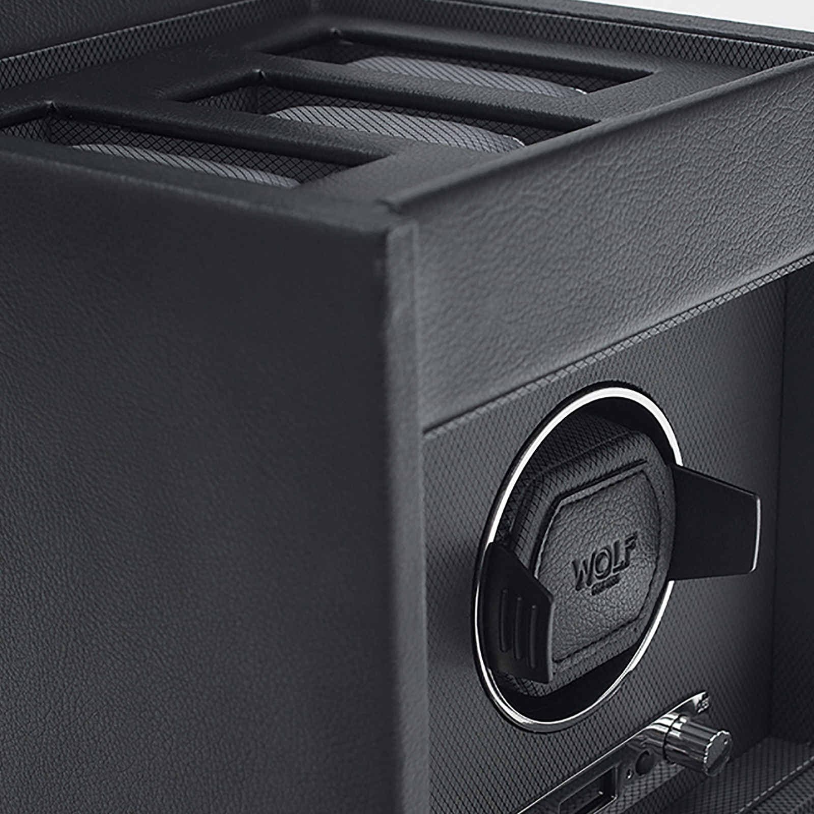 Close-up of a WOLF Classic Single Watch Winder with Storage in black, showing watch holders and control dials.