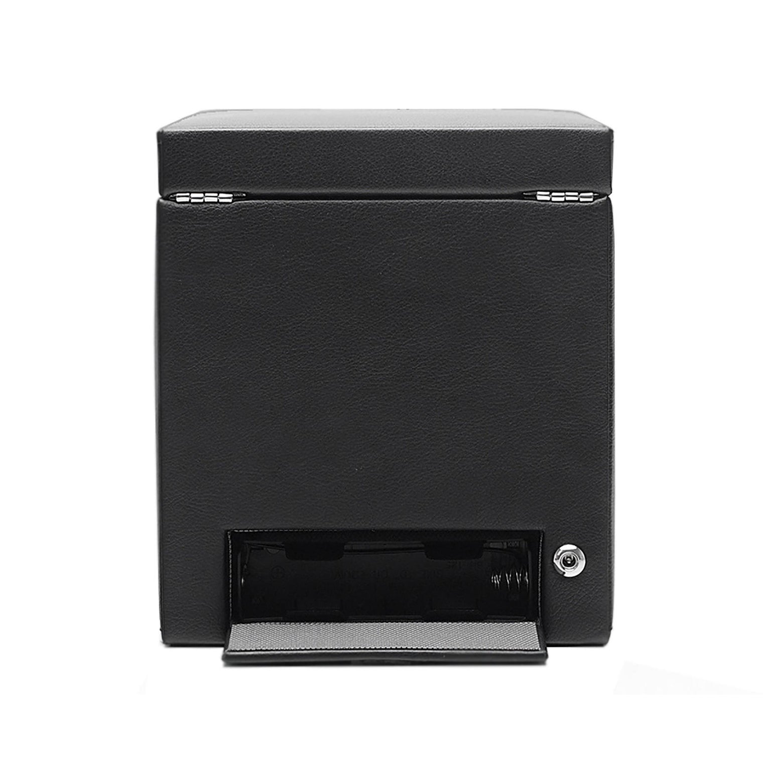 The WOLF Classic Single Watch Winder with Storage is a black leather box featuring a hinged lid and a small keyhole in the lower right corner.