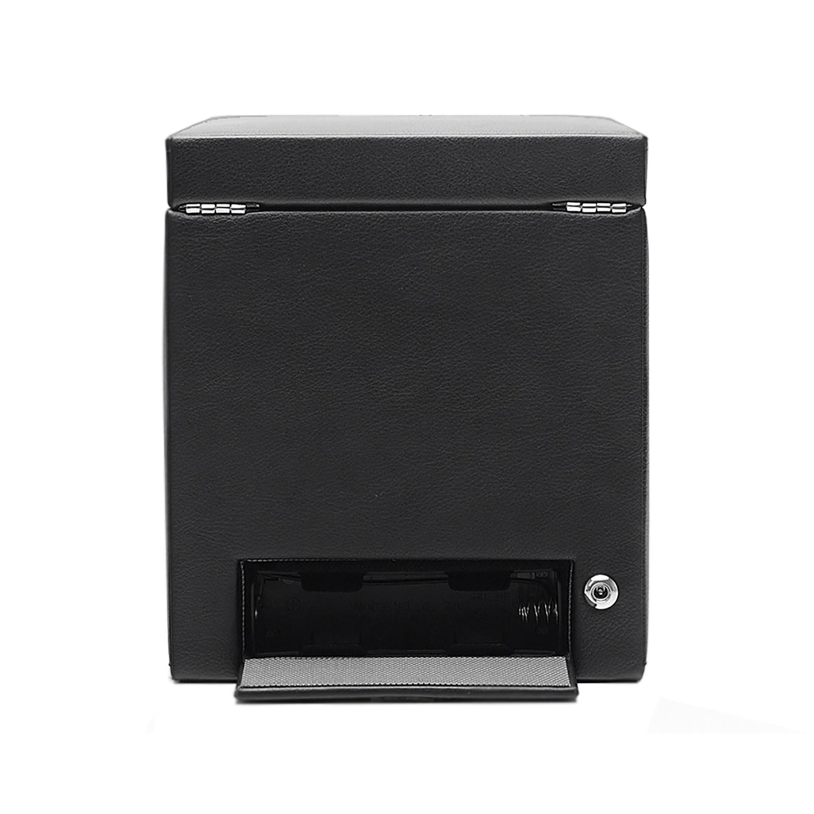 The WOLF Classic Single Watch Winder with Storage is a black leather box featuring a hinged lid and a small keyhole in the lower right corner.