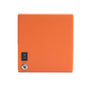 The WOLF Cub Single Watch Winder with Cover is a square orange box featuring a power switch and key lock on its front, displayed against a white background.