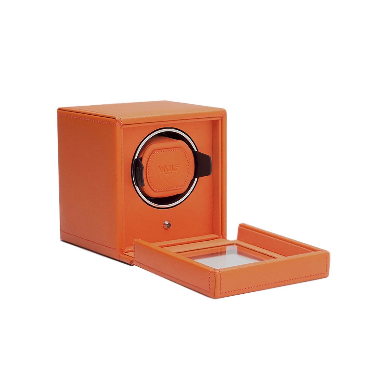 The WOLF Cub Single Watch Winder with Cover features an orange design, open drawer, and a circular compartment to securely hold your watch.
