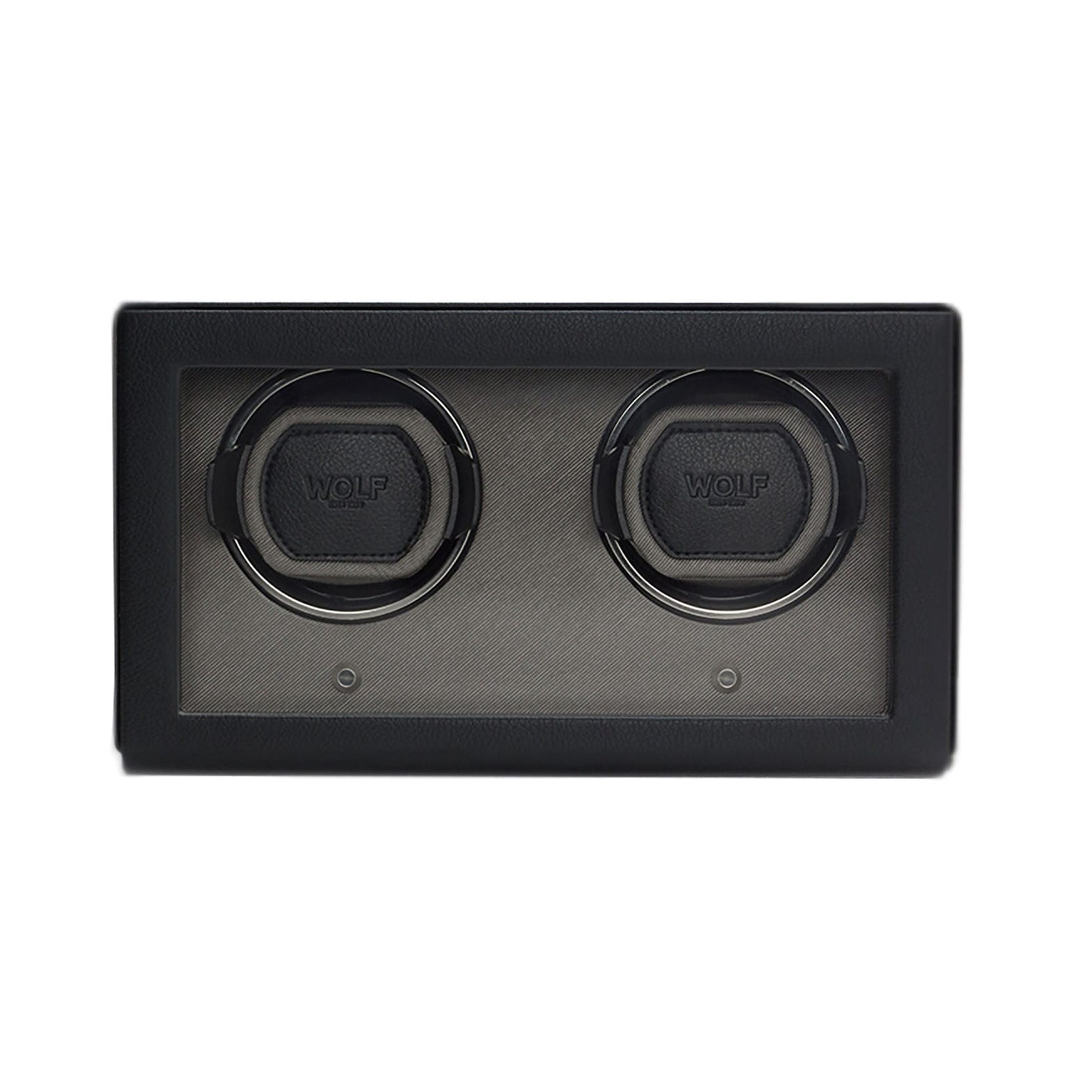 The WOLF Cub Double Watch Winder with Cover is a black rectangular winder featuring a glass front that displays two watch slots.
