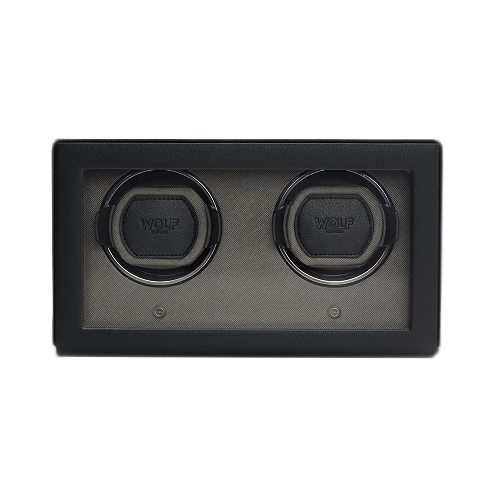 The WOLF Cub Double Watch Winder with Cover is a black rectangular winder featuring a glass front that displays two watch slots.