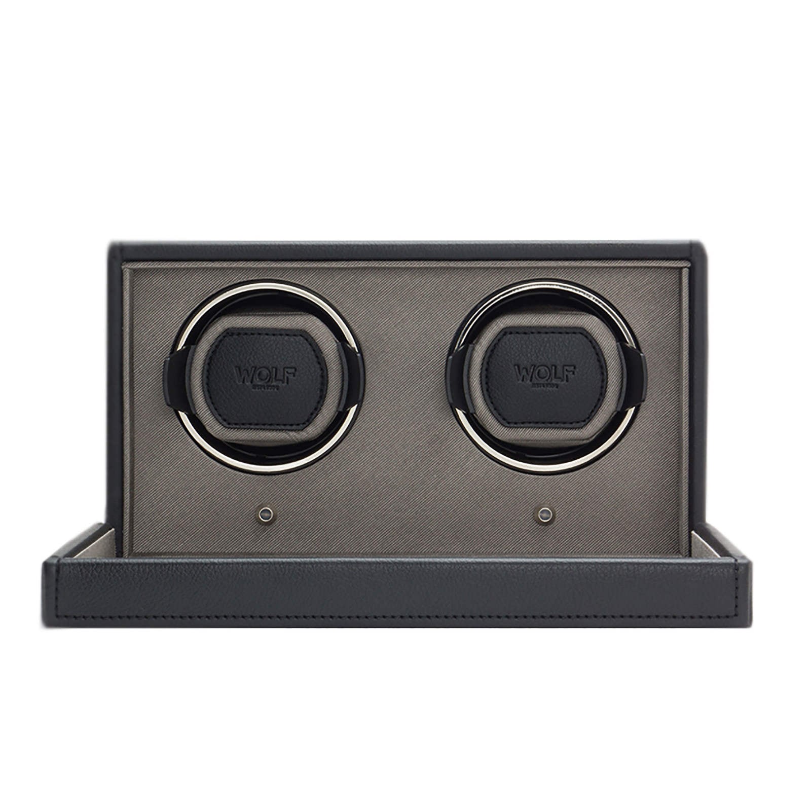 The WOLF Cub Double Watch Winder with Cover features two circular holders in a sleek black and gray rectangular case.