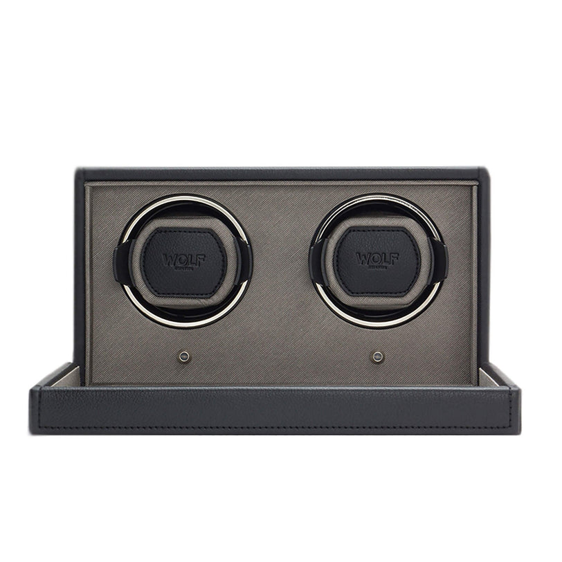 The WOLF Cub Double Watch Winder with Cover features two circular holders in a sleek black and gray rectangular case.