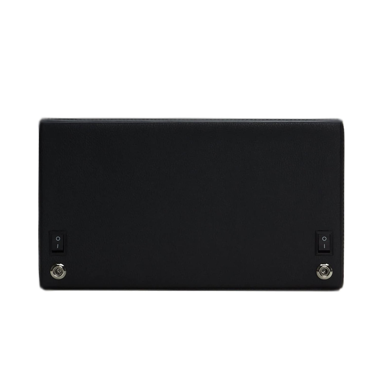 The WOLF Cub Double Watch Winder with Cover is a black rectangular device featuring two switches and two metallic buttons on the front, shown against a white background.