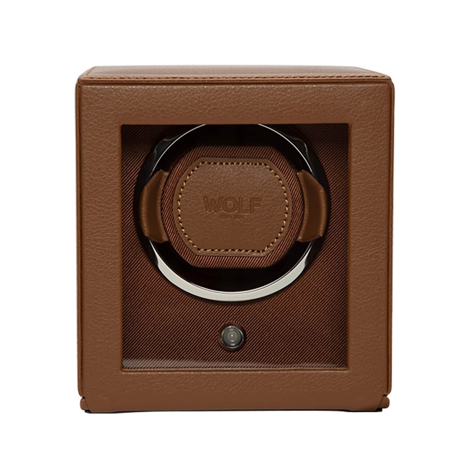 The WOLF Cub Single Watch Winder with Cover features a brown leather exterior, a clear front panel, and WOLF branding inside.
