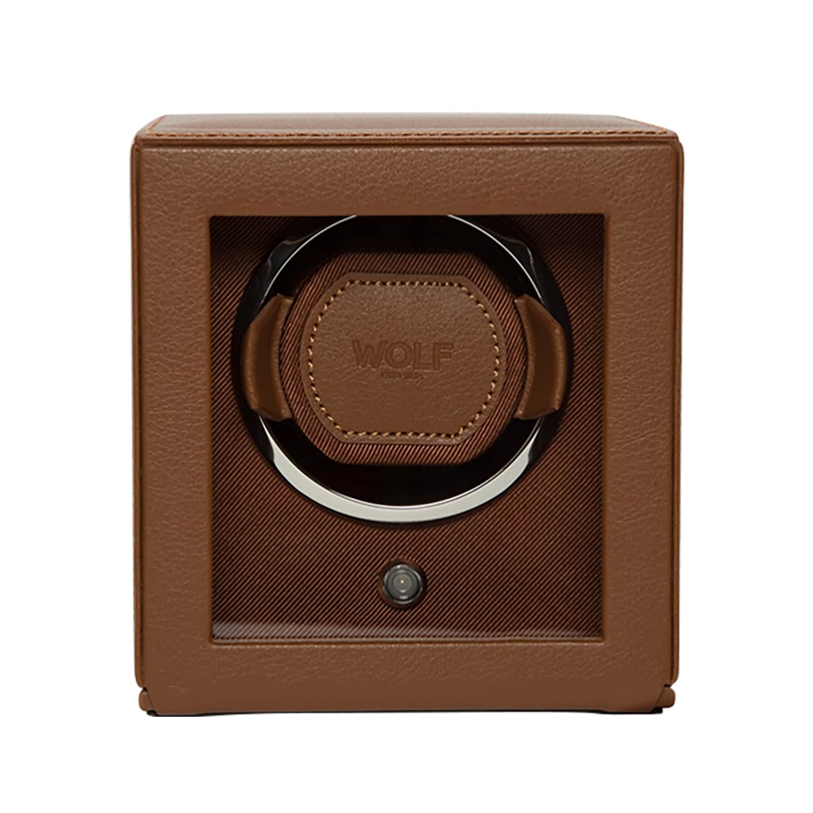 The WOLF Cub Single Watch Winder with Cover features a brown leather exterior, a clear front panel, and WOLF branding inside.