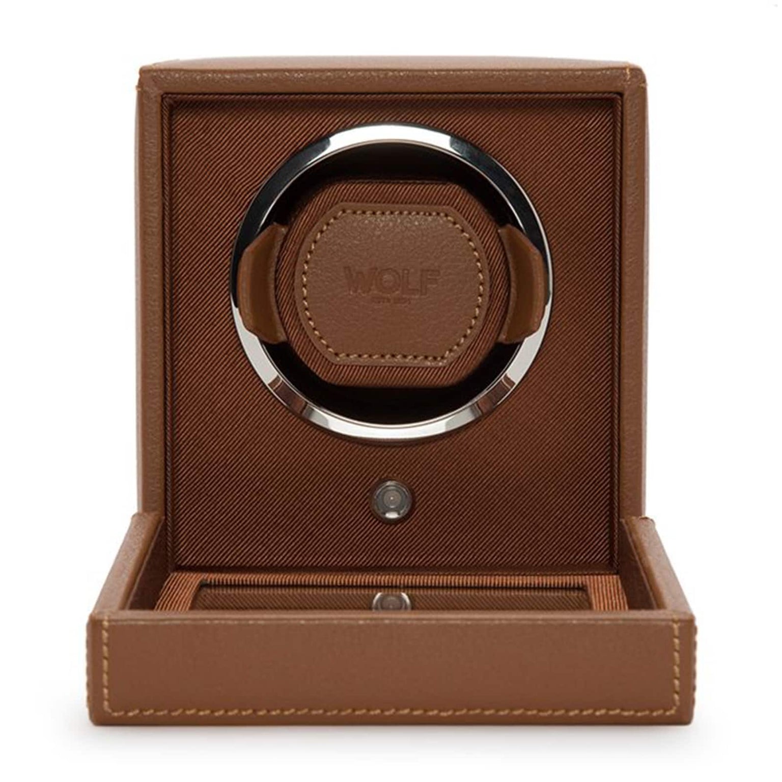 The WOLF Cub Single Watch Winder with Cover is shown in brown leather, featuring an open drawer and the WOLF logo on the front.