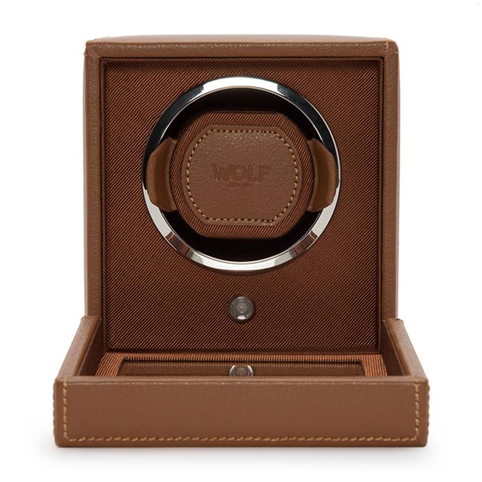 The WOLF Cub Single Watch Winder with Cover is shown in brown leather, featuring an open drawer and the WOLF logo on the front.