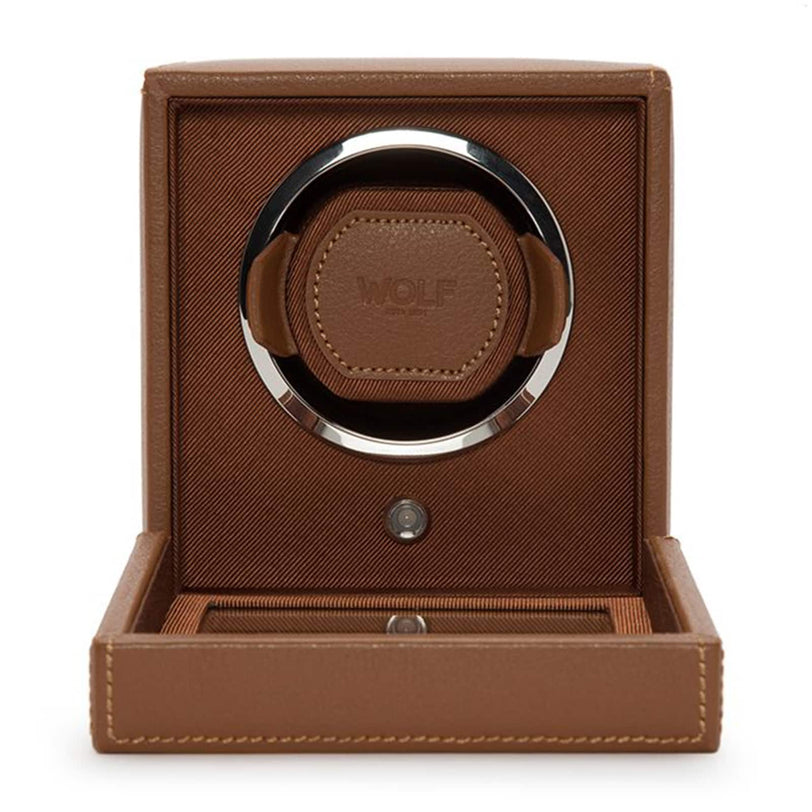 The WOLF Cub Single Watch Winder with Cover is shown in brown leather, featuring an open drawer and the WOLF logo on the front.
