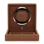 The WOLF Cub Single Watch Winder with Cover is shown in brown leather, featuring an open drawer and the WOLF logo on the front.