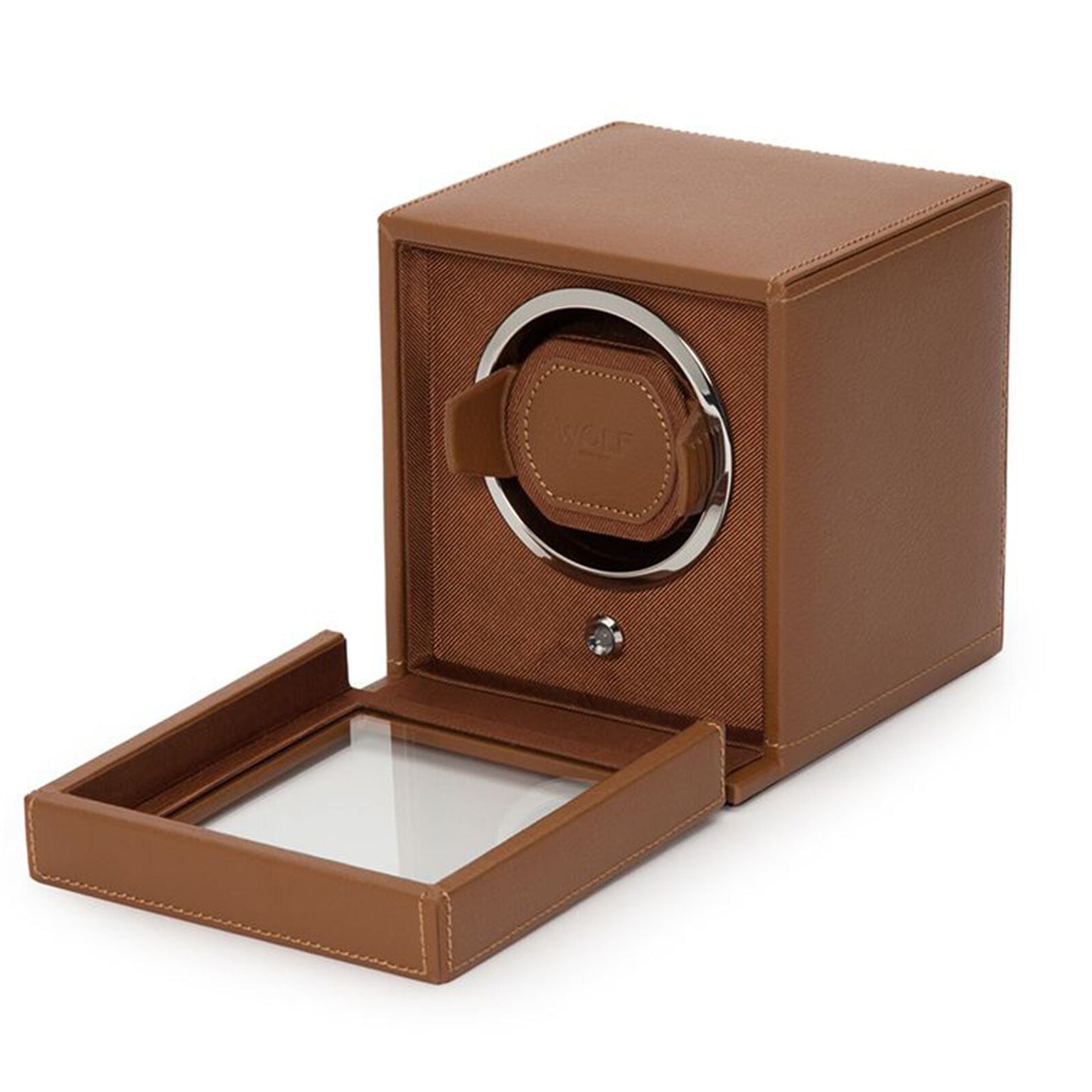 The WOLF Cub Single Watch Winder with Cover features a brown leather design and an open glass door, revealing the interior watch holder.