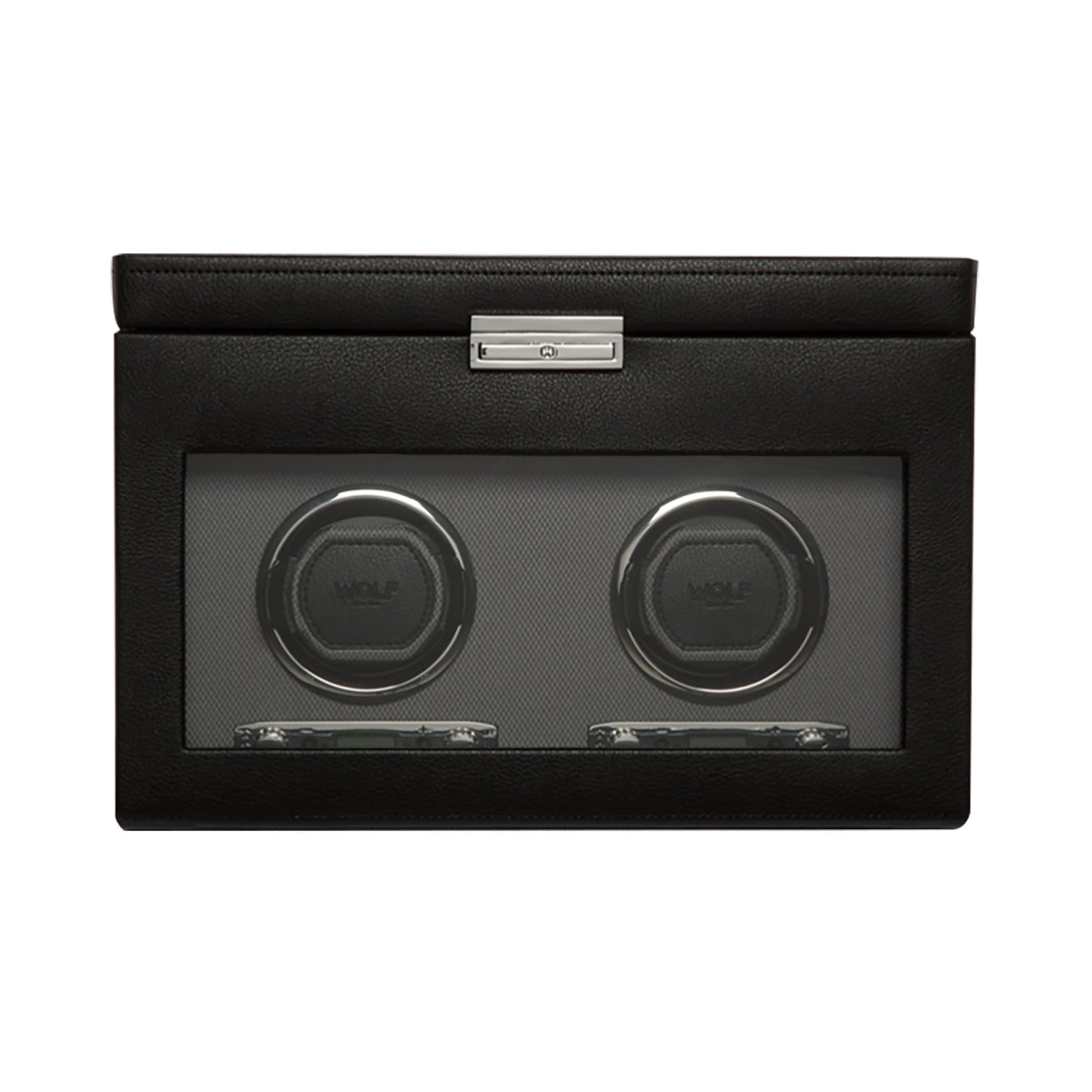 The WOLF Classic Single Watch Winder with Storage features a black leather exterior, a glass front, and space to wind one watch with additional storage inside.
