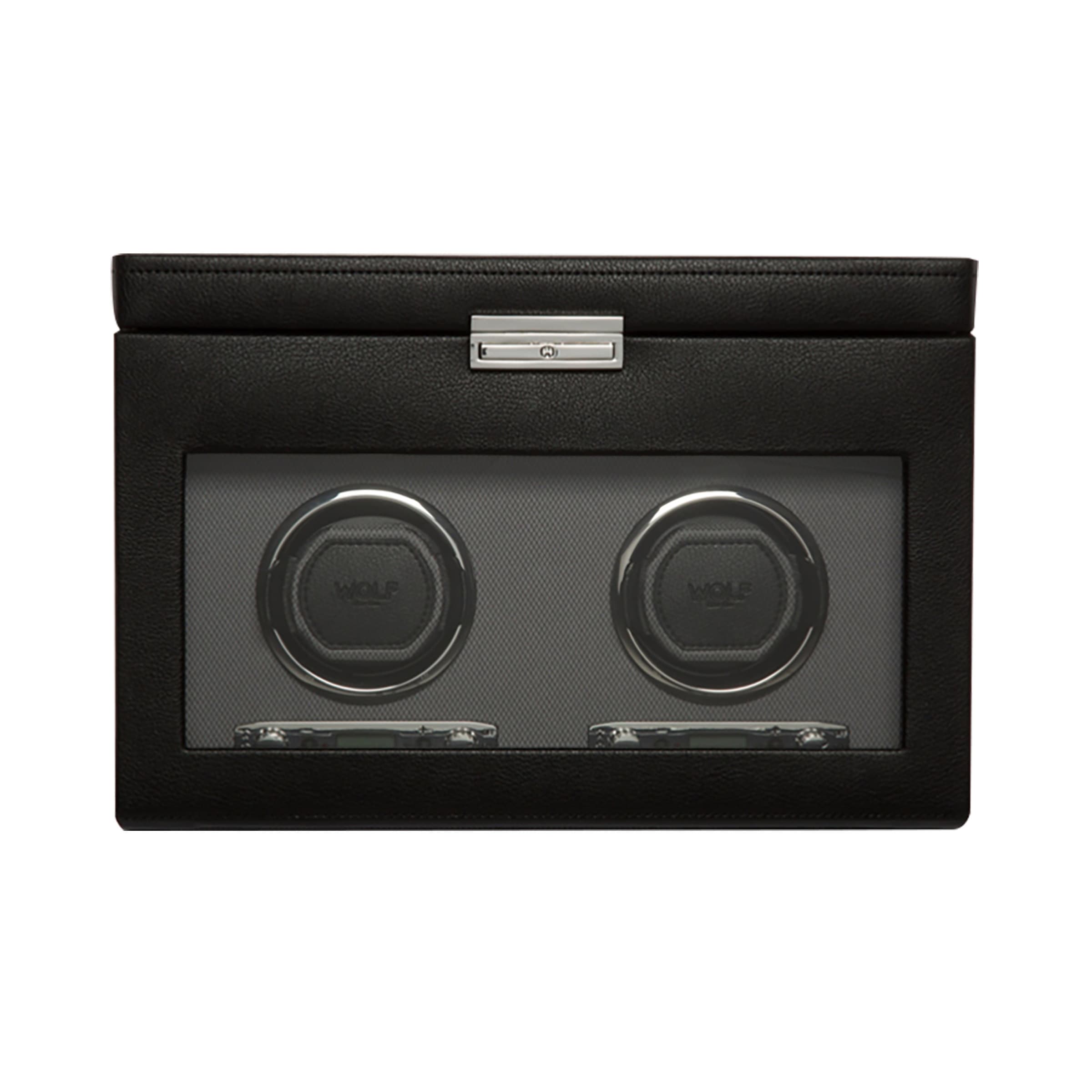 The WOLF Classic Single Watch Winder with Storage features a black leather exterior, a glass front, and space to wind one watch with additional storage inside.