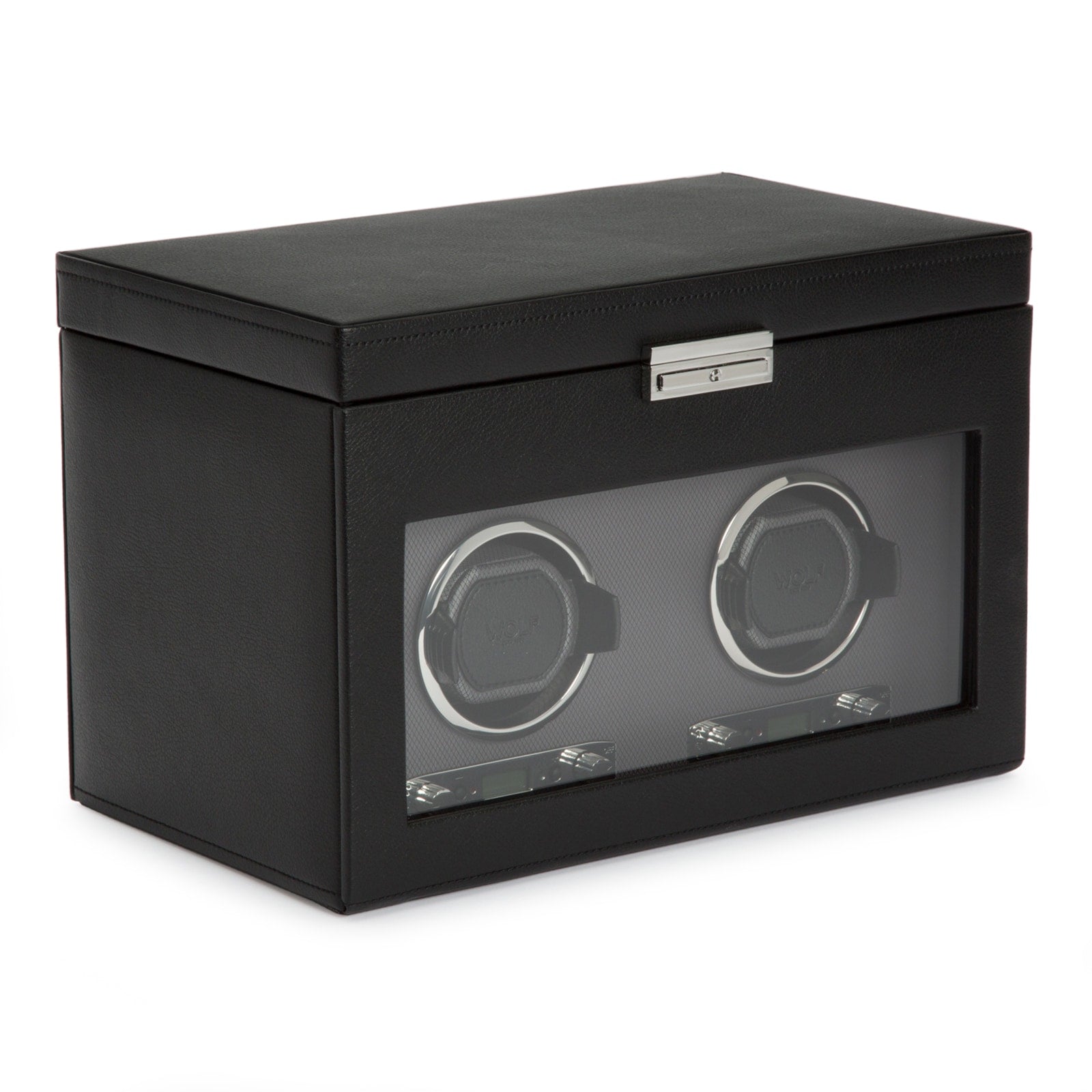 The WOLF Classic Single Watch Winder with Storage features a glass front and reveals two watch holders inside.
