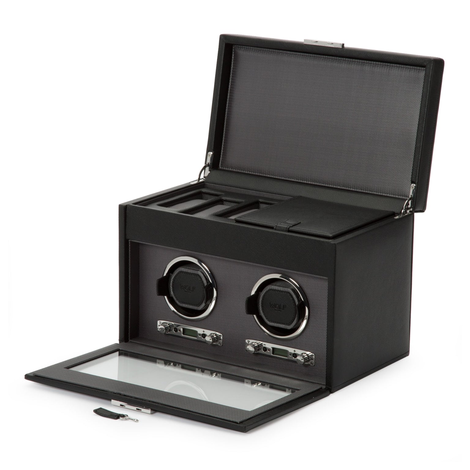 WOLF Classic Single Watch Winder with Storage: features a black leather box, glass front, open lid, and slots for storing your watch and accessories.