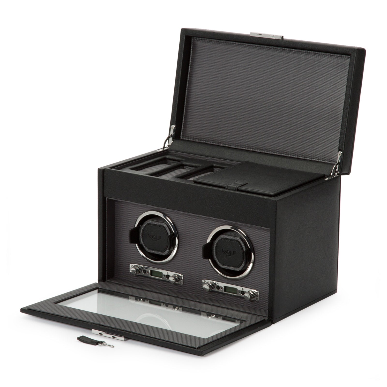 WOLF Classic Single Watch Winder with Storage: features a black leather box, glass front, open lid, and slots for storing your watch and accessories.