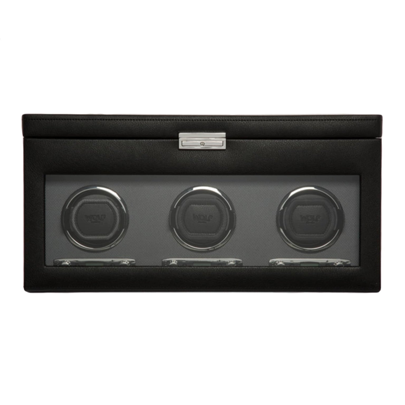 The WOLF Classic Triple Watch Winder with Storage features a glass front displaying three winding slots for watches.