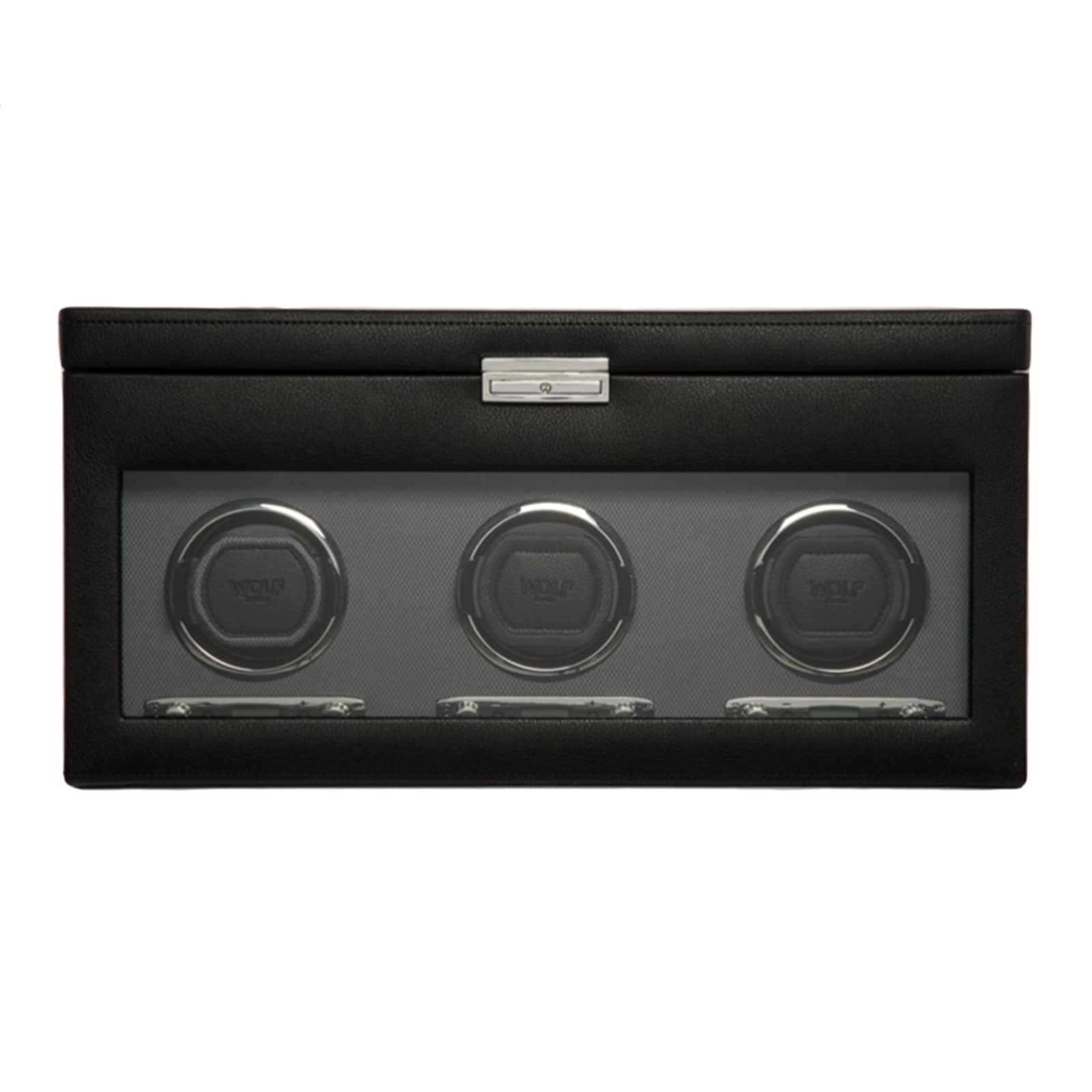The WOLF Classic Triple Watch Winder with Storage features a glass front displaying three winding slots for watches.