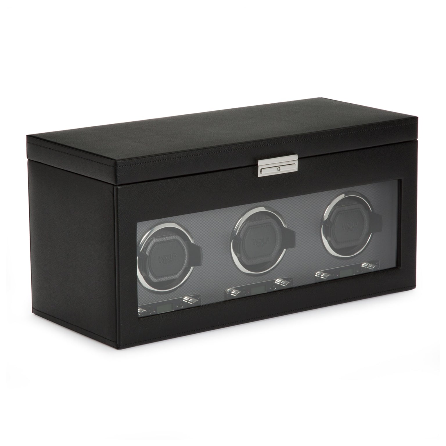 The WOLF Classic Triple Watch Winder with Storage is a black rectangular box featuring a glass front that displays three watch holders inside.