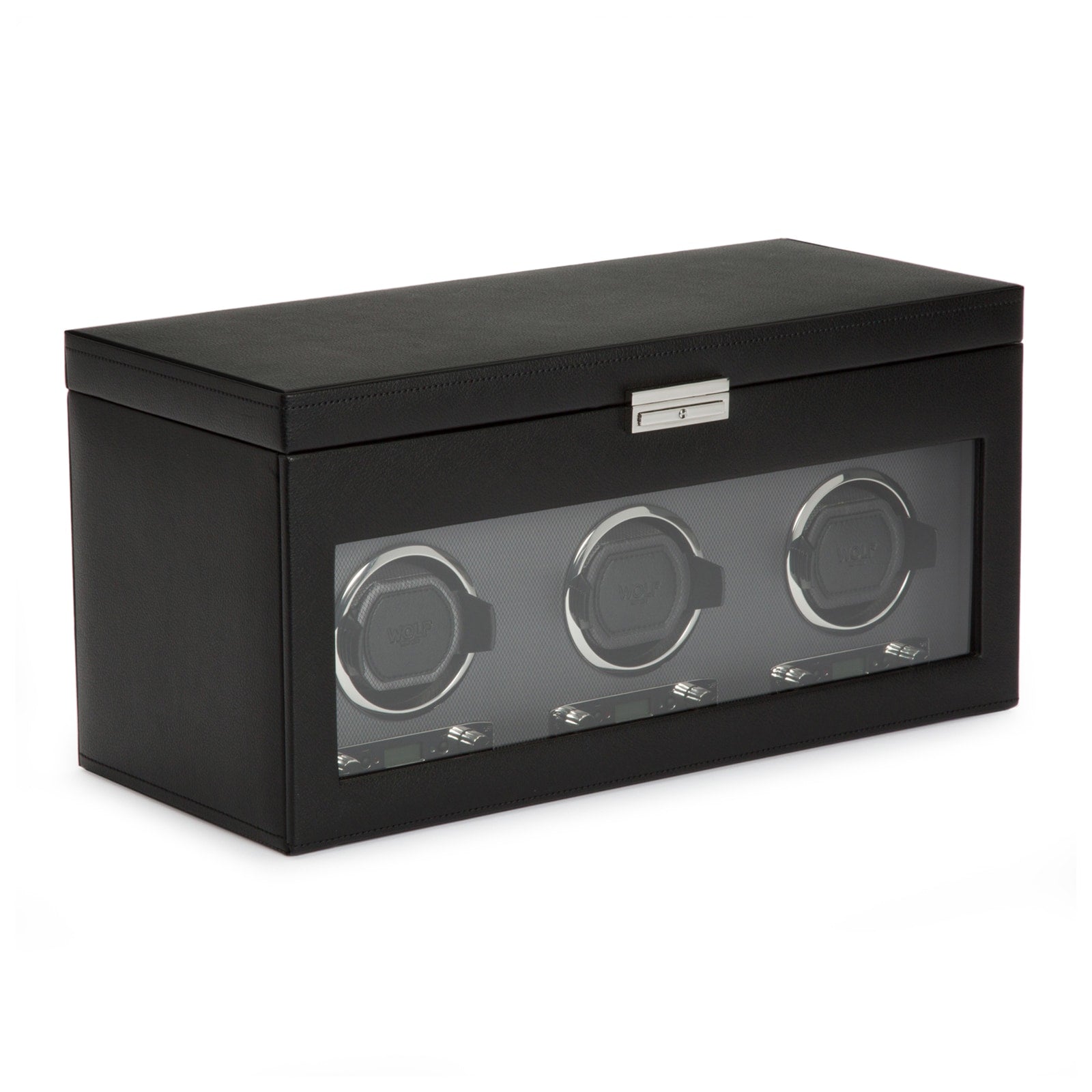 The WOLF Classic Triple Watch Winder with Storage is a black rectangular box featuring a glass front that displays three watch holders inside.