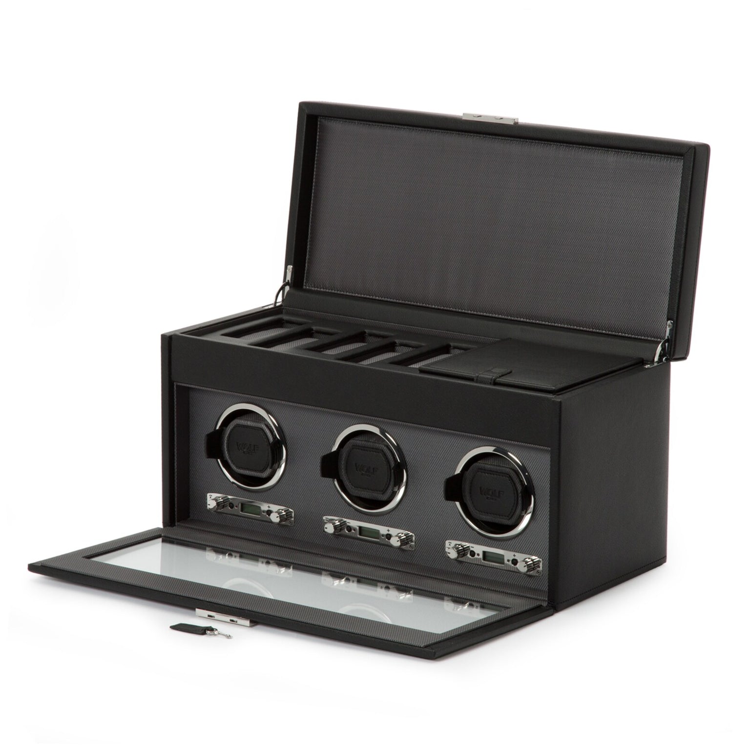 The WOLF Classic Triple Watch Winder with Storage features an open lid, visible slots, and three round watch winders in a black leather finish.