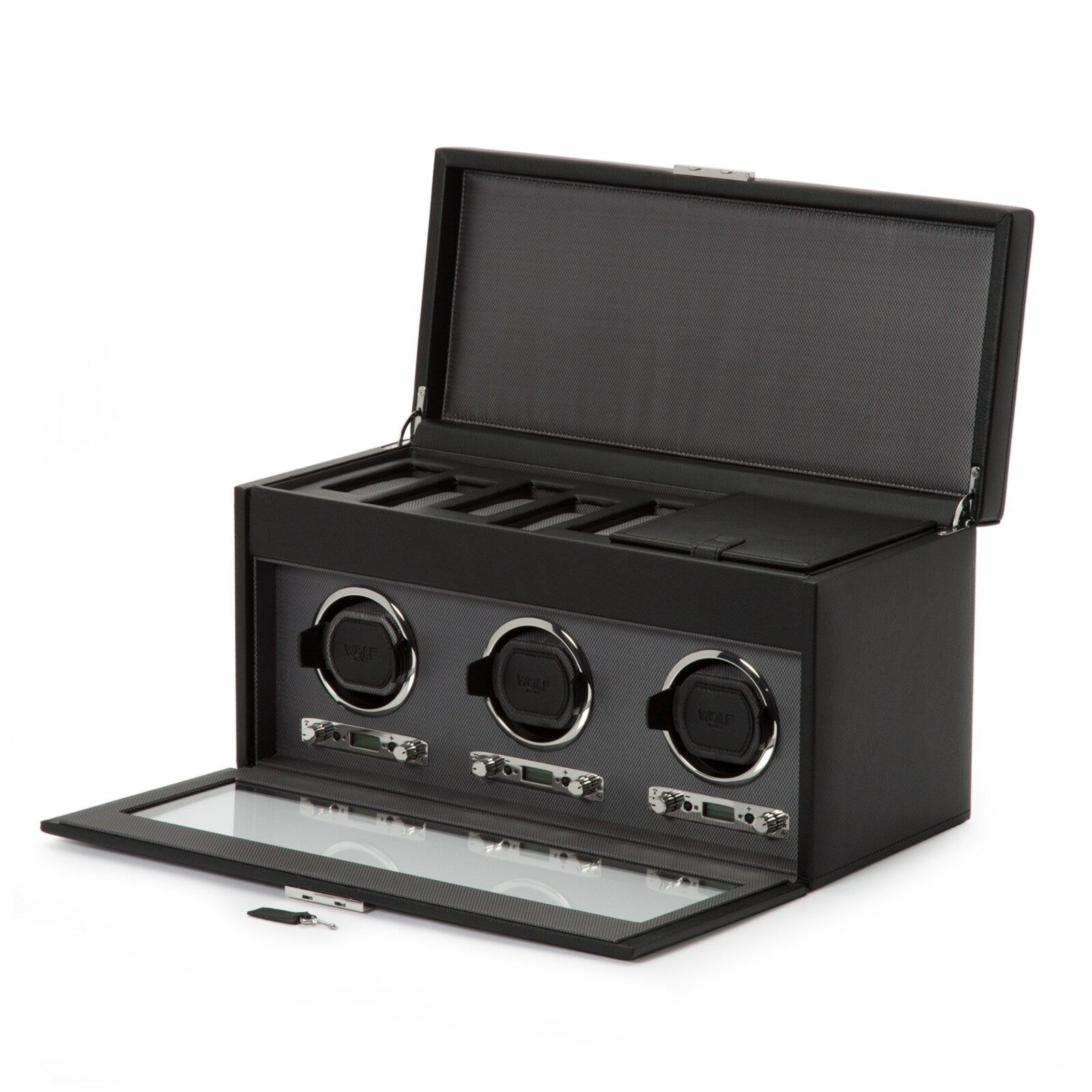 The WOLF Classic Triple Watch Winder with Storage features an open lid, visible slots, and three round watch winders in a black leather finish.
