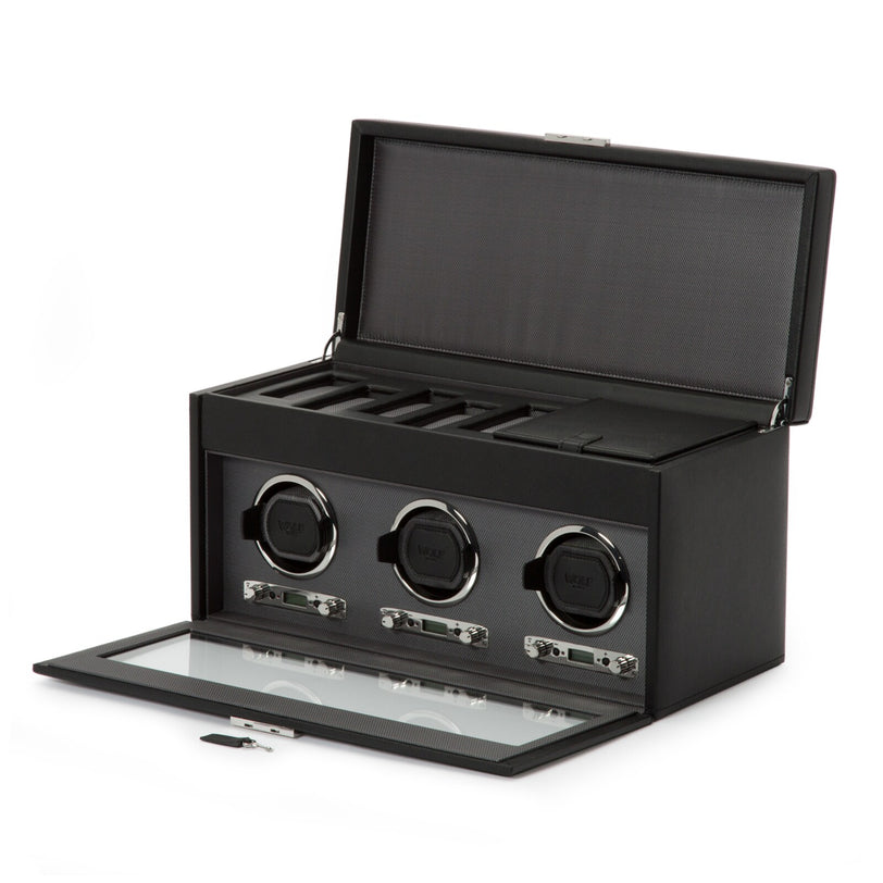 The WOLF Classic Triple Watch Winder with Storage features an open lid, visible slots, and three round watch winders in a black leather finish.