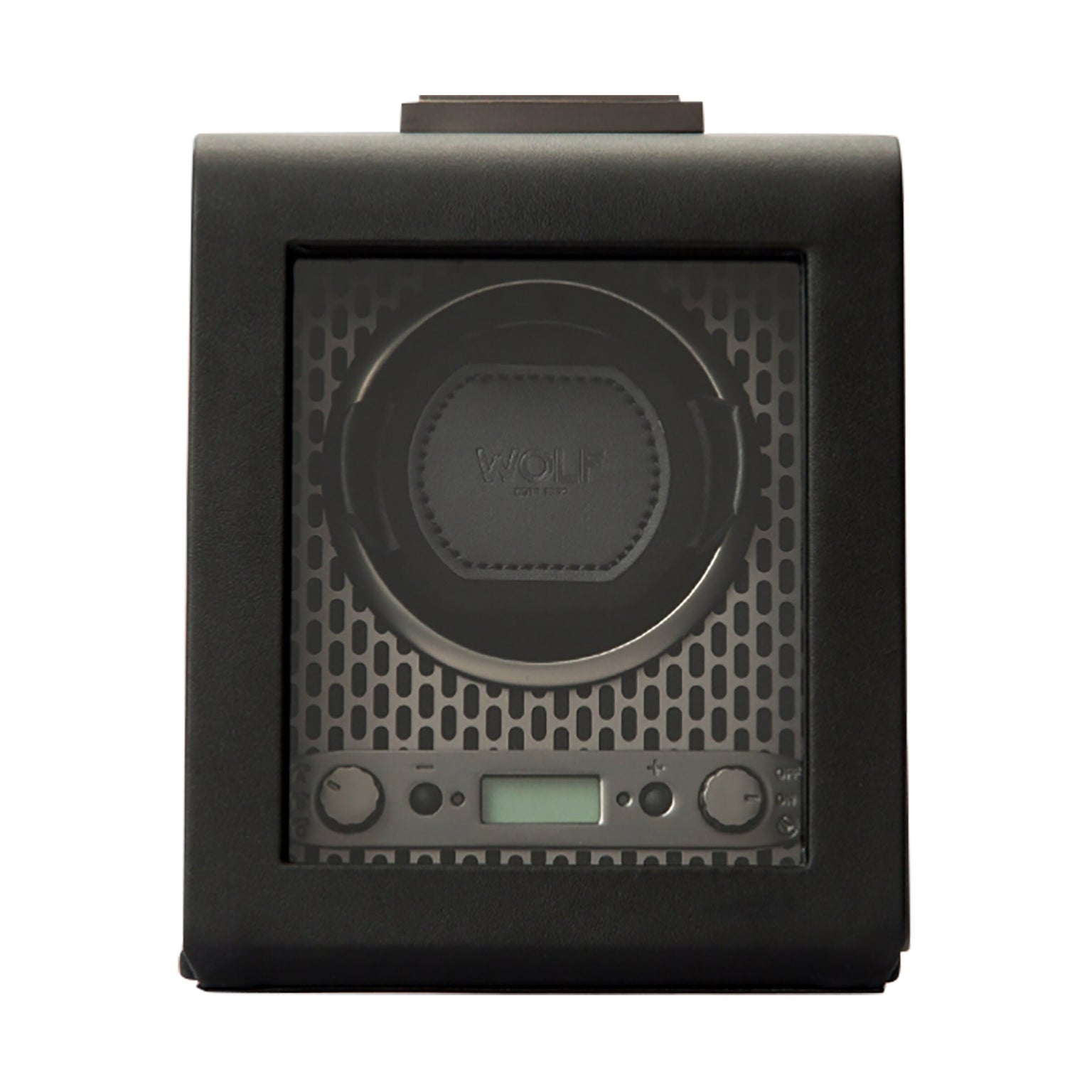 The WOLF Axis Single Watch Winder features a black finish, glass front, digital display, and control knobs on the bottom panel.