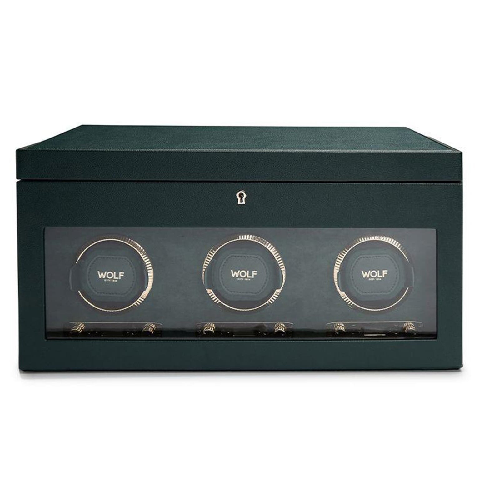 The WOLF British Racing Triple Watch Winder with Storage is a black box with a glass front, displaying three watch holders.
