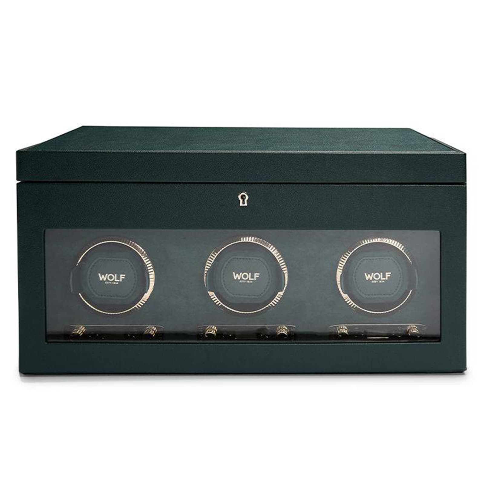 The WOLF British Racing Triple Watch Winder with Storage is a black box with a glass front, displaying three watch holders.