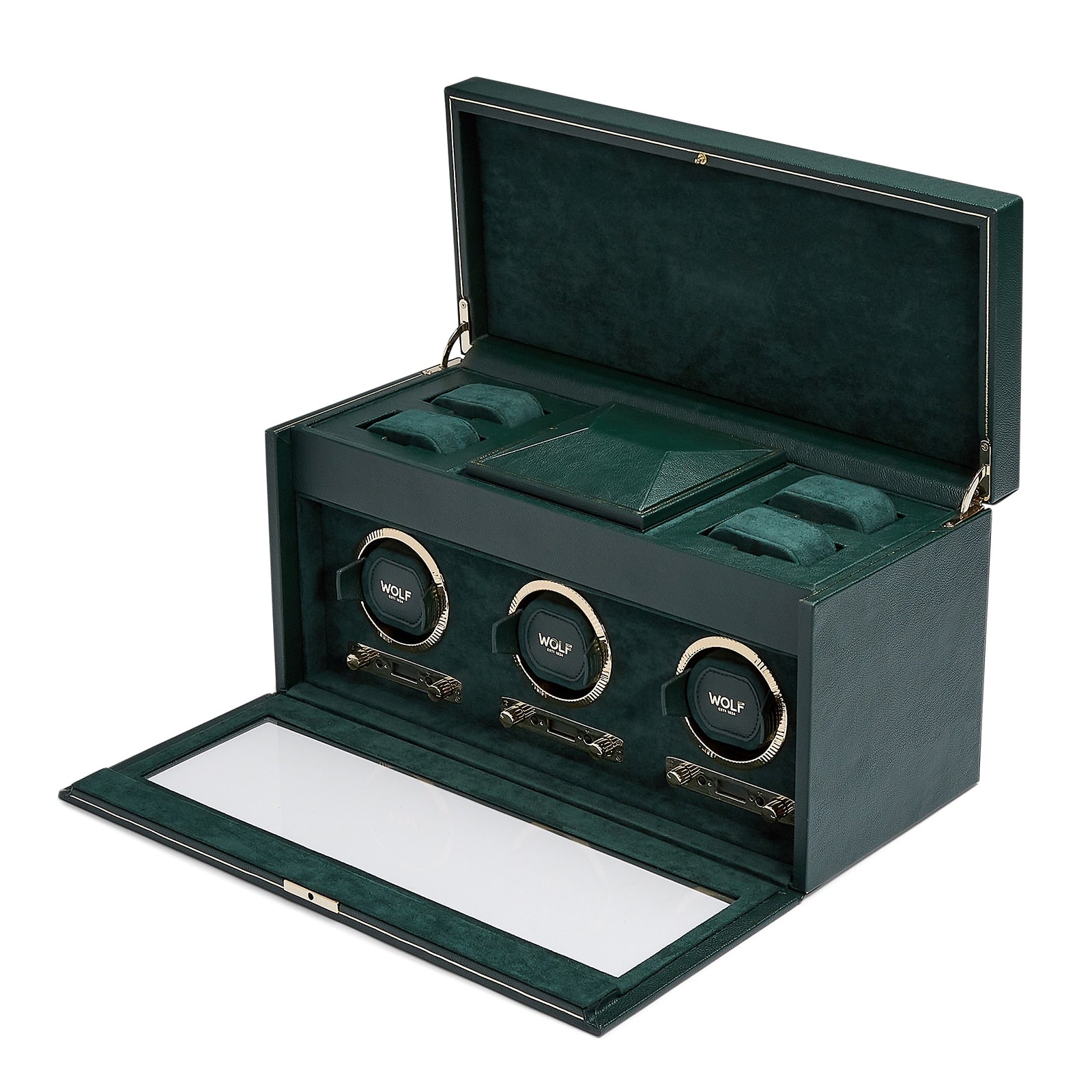 The WOLF British Racing Triple Watch Winder with Storage features three winders, compartments, and an open glass lid in a green leather finish.