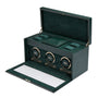 The WOLF British Racing Triple Watch Winder with Storage features three winders, compartments, and an open glass lid in a green leather finish.